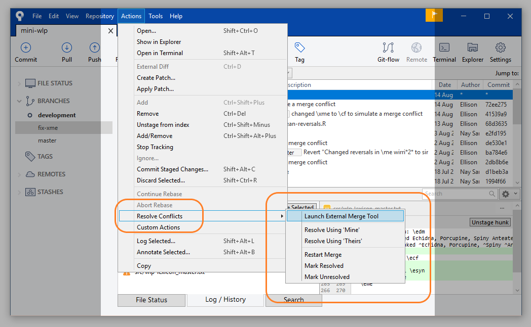 Resolve conflicts menu