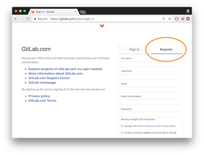 GitLab.com registration page